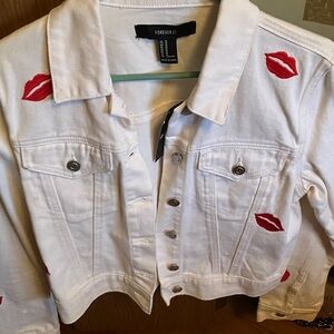 Forever 21 White Denim Jacket with Red Lip Design